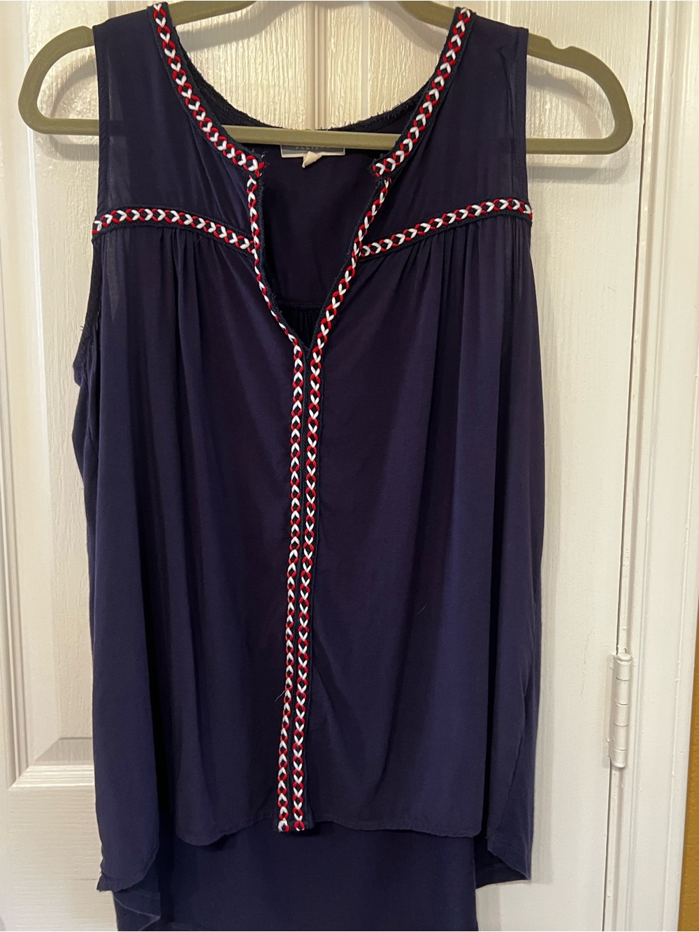 Pleione Navy Braided Trim Sleeveless High Low Tunic Blouse S USA